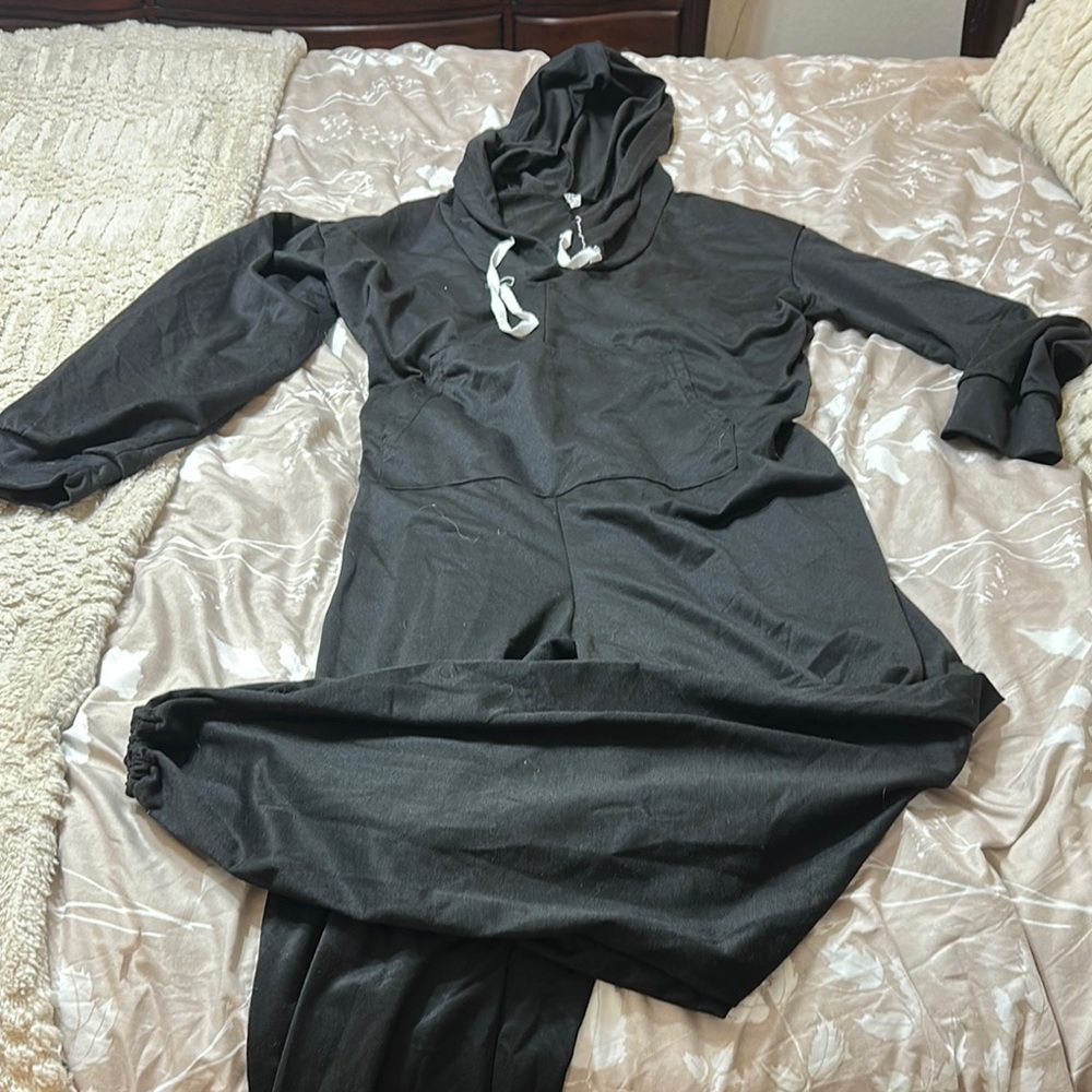Black Hooded Jumpsuit with Drawstrings